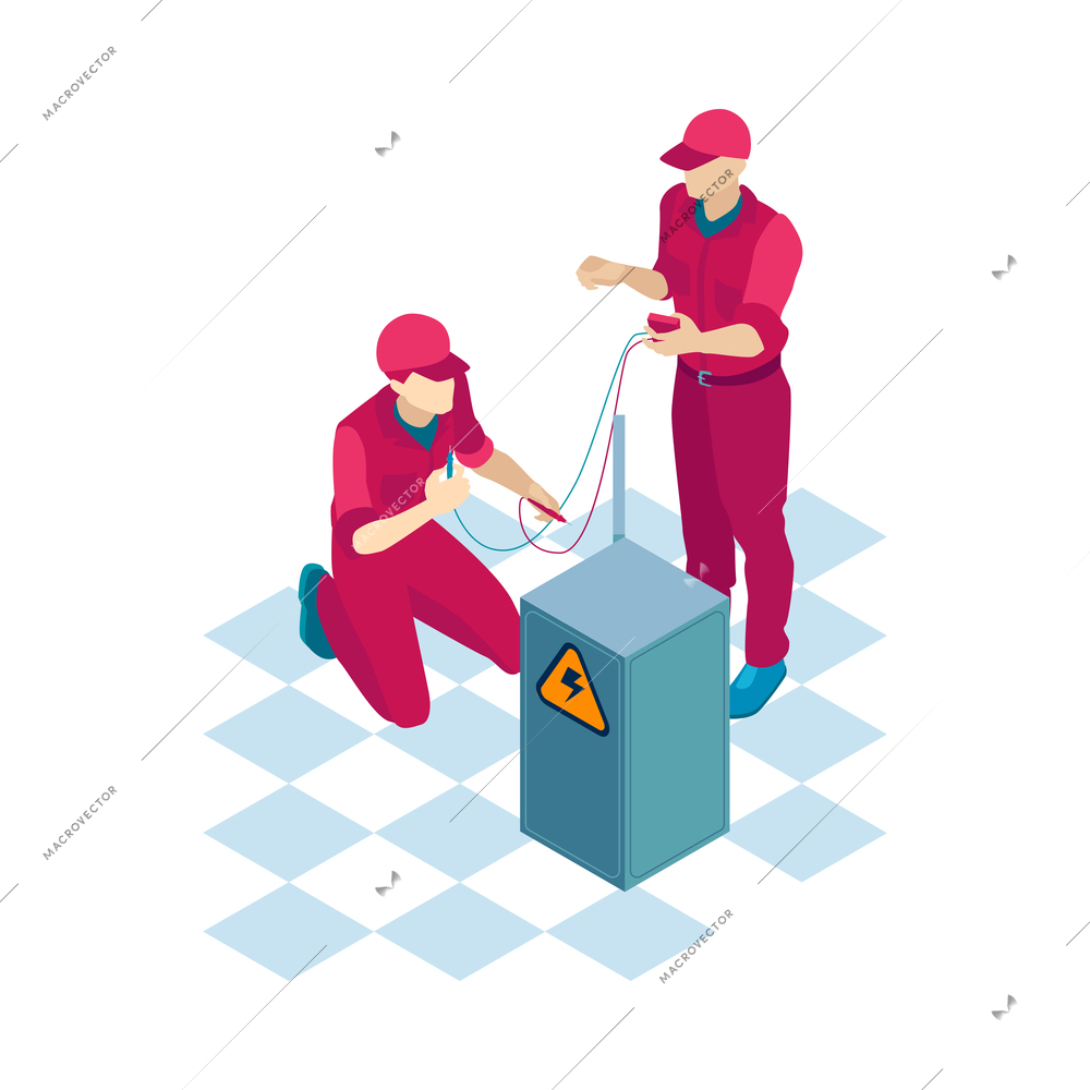 Isometric composition with two qualified electricians in uniform at work 3d vector illustration