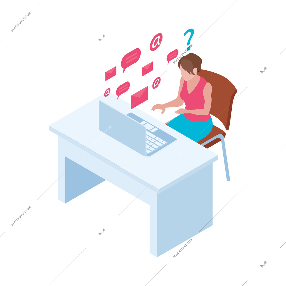 Time management multitasking isometric concept with woman working on laptop 3d vector illustration