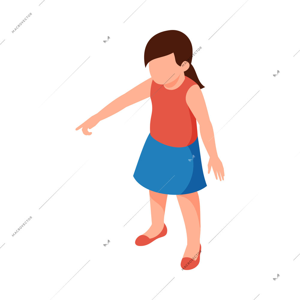 Isometric faceless character of preschool girl on white background 3d vector illustration