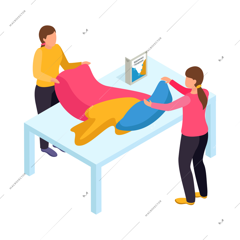 Two female laundry room workers with linen and package of washing powder 3d isometric icon vector illustration