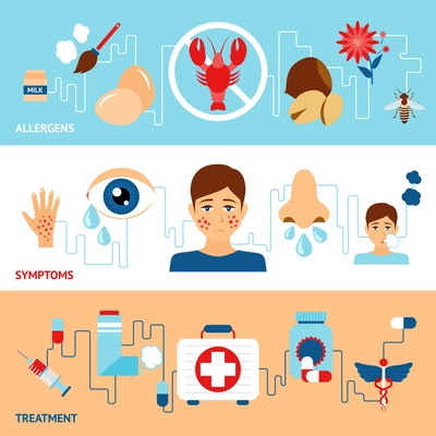 Allergy banner set with allegens symptoms treatment elements isolated vector illustration