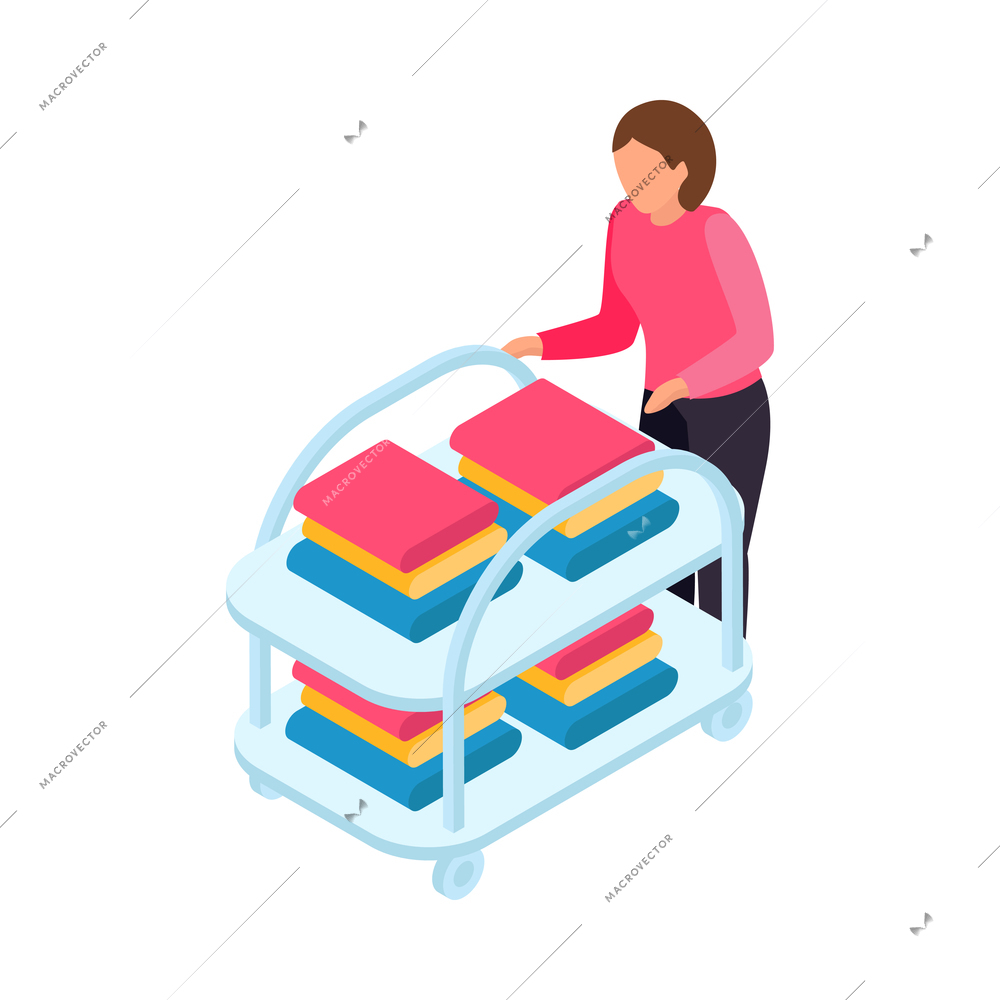 Laundry room worker with clean linen on trolley 3d isometric icon vector illustration