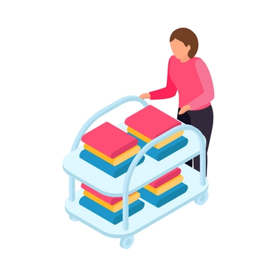 Laundry room worker with clean linen on trolley 3d isometric icon vector illustration