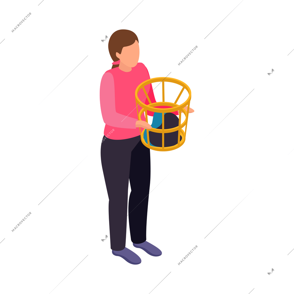 Laundry isometric icon with woman holding basket with clothing 3d vector illustration