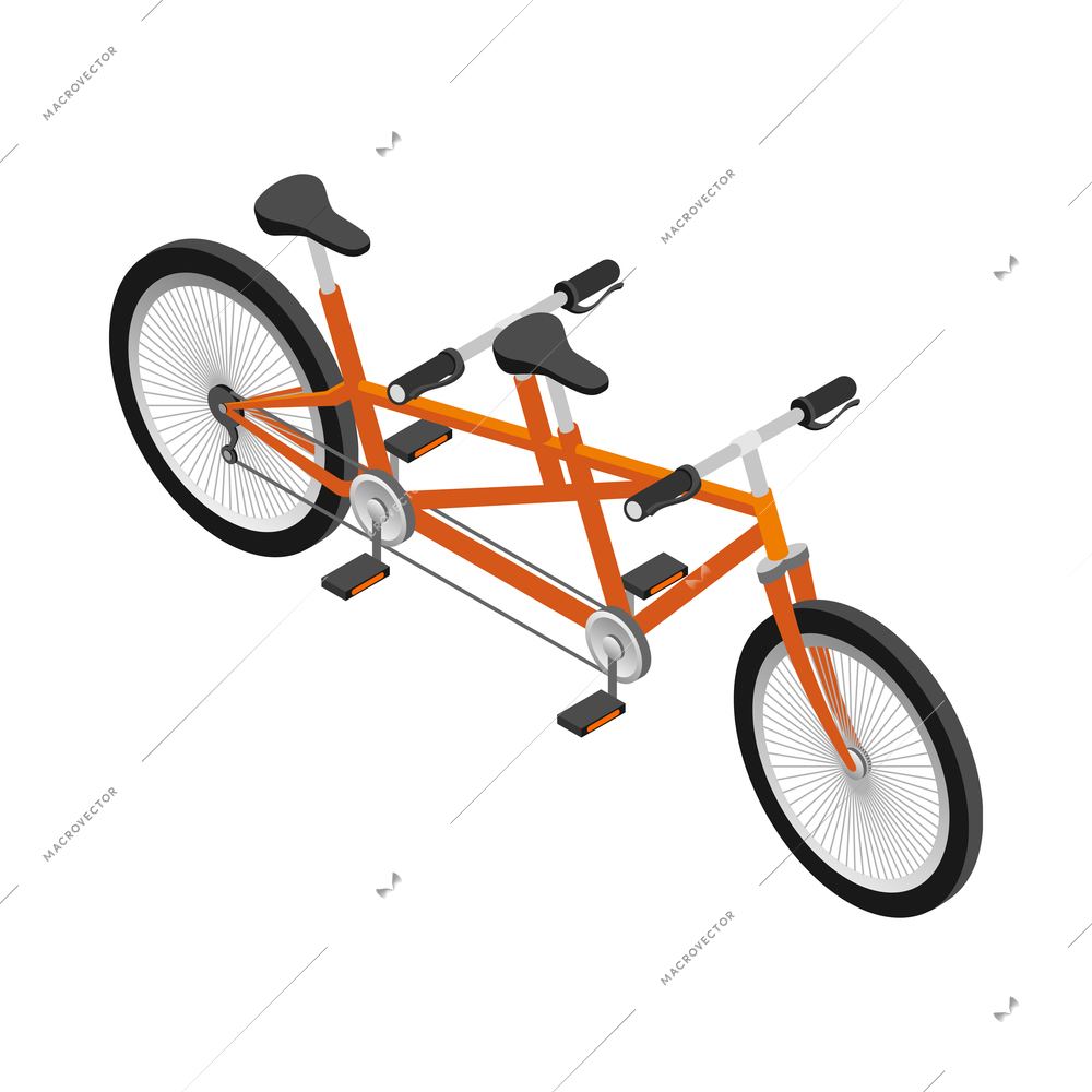 Isometric orange tandem bicycle on white background 3d vector illustration