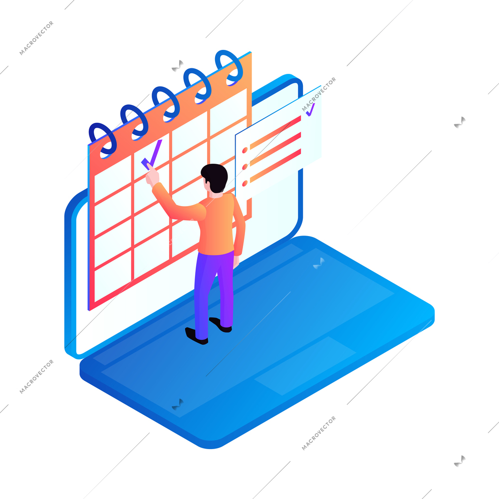 Character interacting with computer interface using calendar or planner 3d isometric icon vector illustration