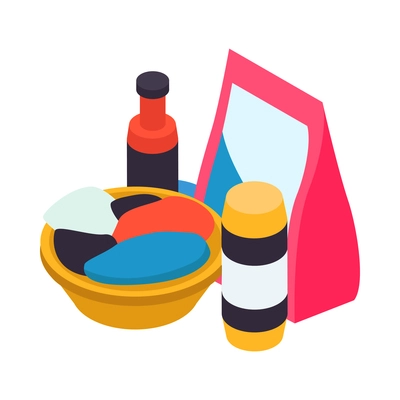 Laundry tools isometric icon with bottles of detergent washing powder linen in basket 3d vector illustration