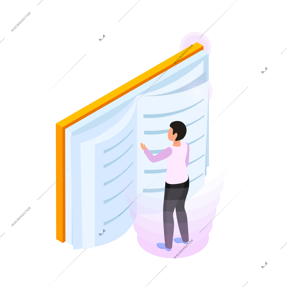 Online education electronic library isometric concept icon with book and human character 3d vector illustration