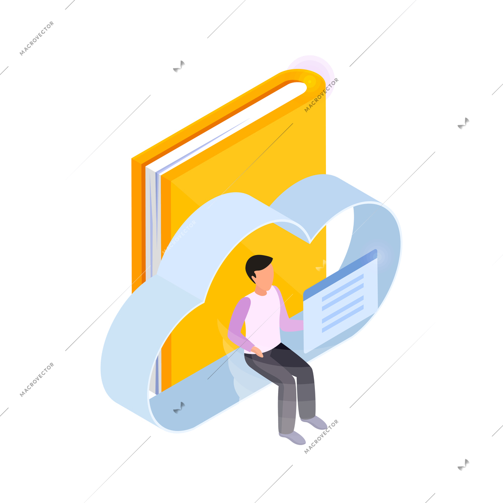 Online library electronic cloud isometric icon with human character and book 3d vector illustration