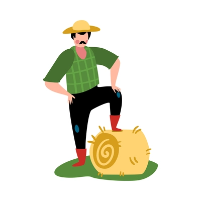 Flat male farmer standing with hay bale vector illustration