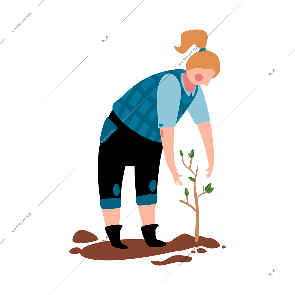 Eco farming flat icon with woman planting seedling vector illustration