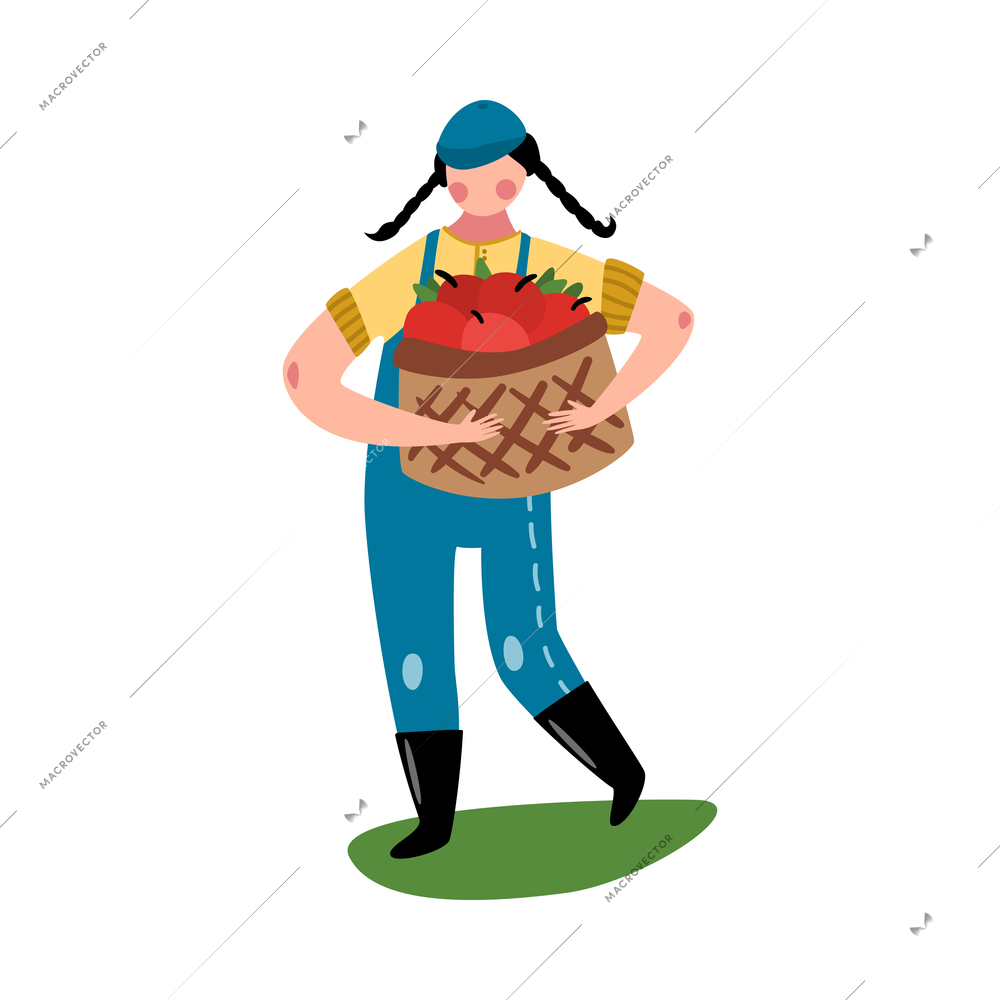 Eco farming flat icon with woman holding basket of ripe red apples vector illustration