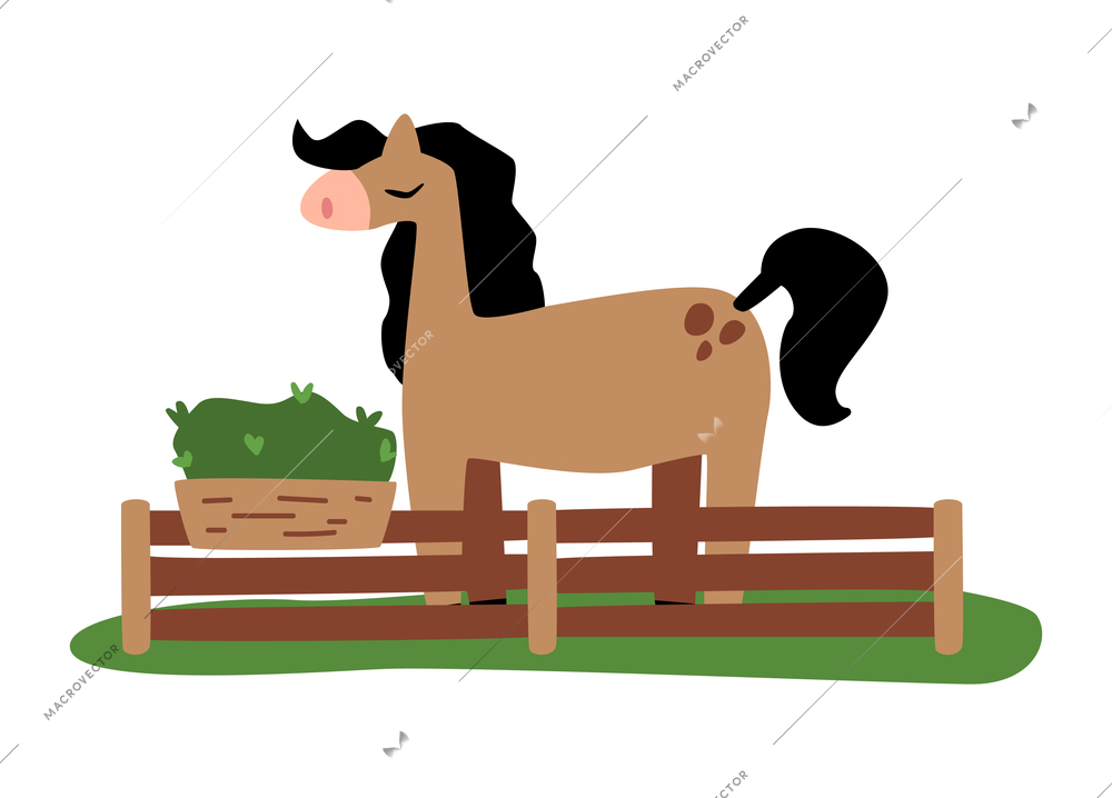 Flat brown horse with black mane and tail in stall vector illustration