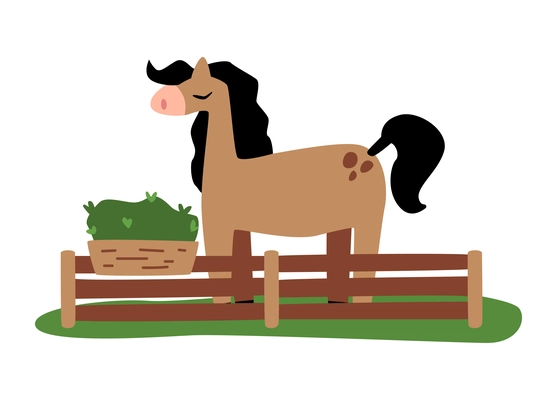 Flat brown horse with black mane and tail in stall vector illustration