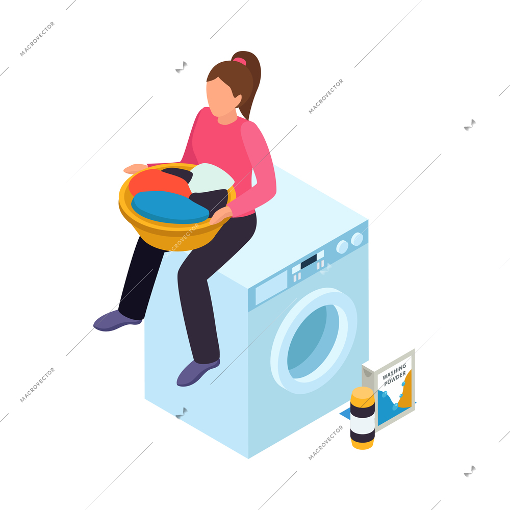 Isometric laundry room icon with woman holding basket with linen sitting on washing machine 3d vector illustration