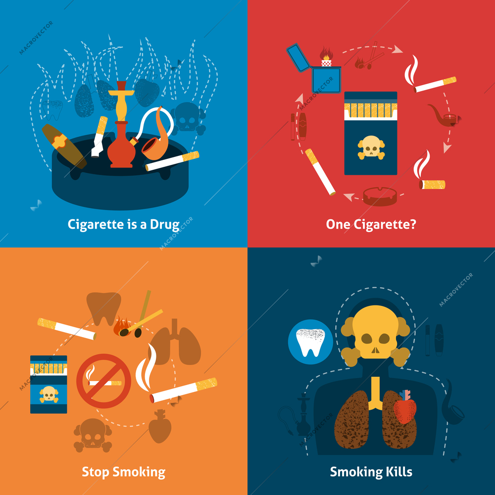 Smoking design concept with cigarettes grugs flat icons set isolated vector illustration