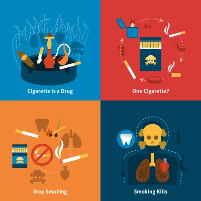 Smoking design concept with cigarettes grugs flat icons set isolated vector illustration