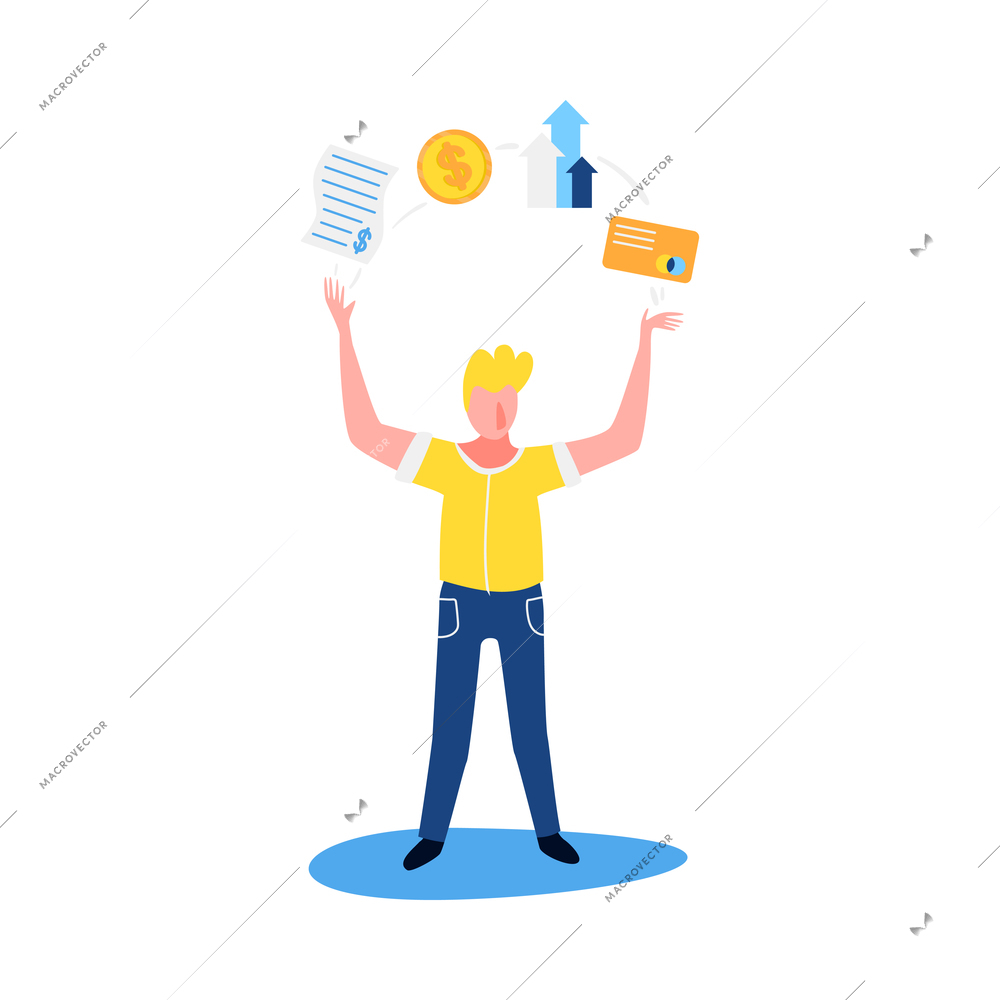 Accounting flat concept with man juggling with financial symbols vector illustration