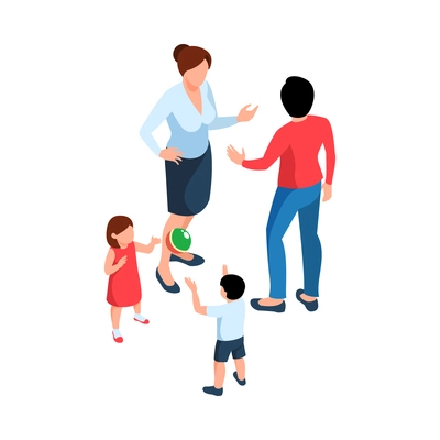 Mothers chatting while their kids playing with ball 3d isometric vector illustration