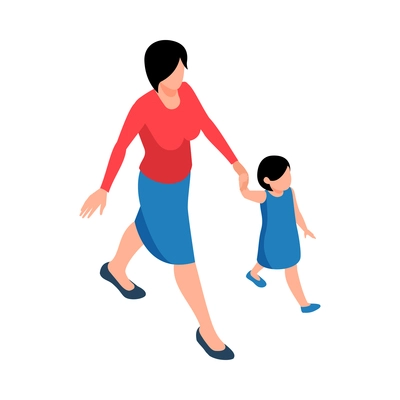 Motherhood isometric icon with mum and little daughter walking holding hands 3d vector illustration