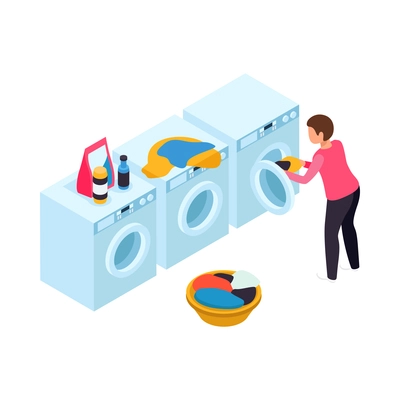 Laundry room interior with human character putting clothes into washing machine 3d isometric vector illustration