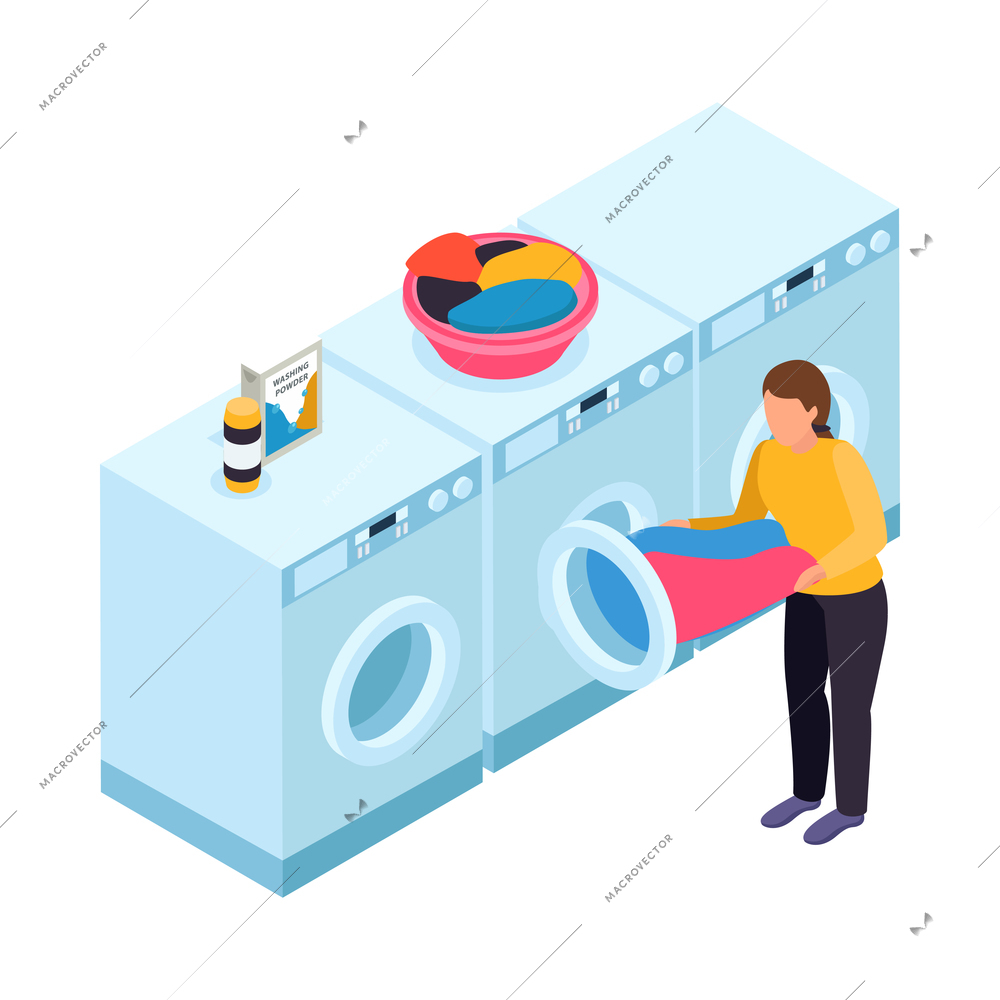 Isometric self service laundry room with customer and washing machines 3d vector illustration