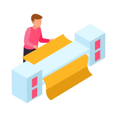 Laundry room isometric icon with character using ironing mangle 3d vector illustration