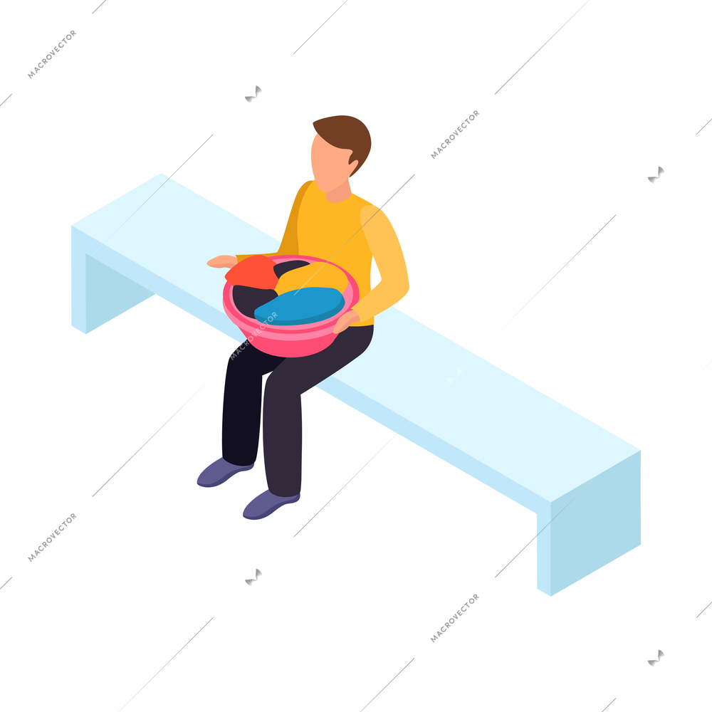Laundry room client waiting with basket of clothing or linen 3d isometric icon vector illustration