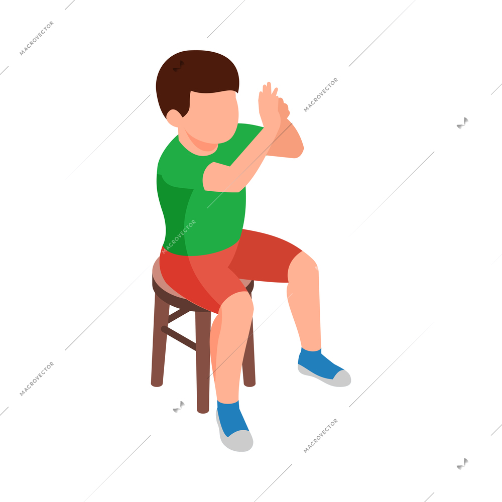 Isometric little boy of preschool age sitting on stool 3d vector illustration