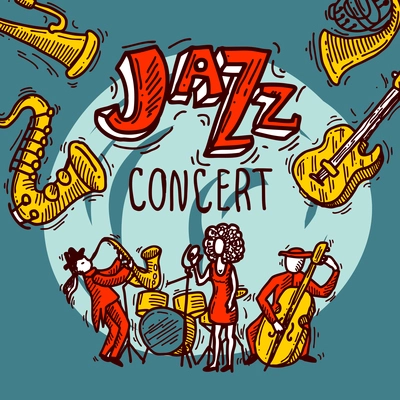 Jazz concert sketch poster with musicians singer and instruments vector illustration