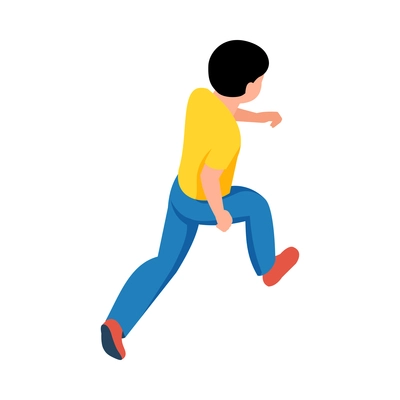 Running little boy in yellow tshirt and jeans back view 3d isometric vector illustration