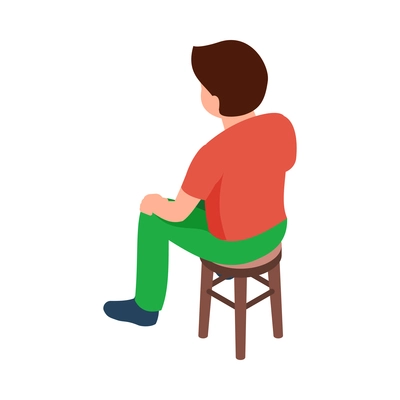 Little boy sitting on stool back view 3d isometric vector illustration