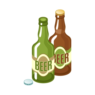 Two isometric bottles of beer on white background 3d vector illustration