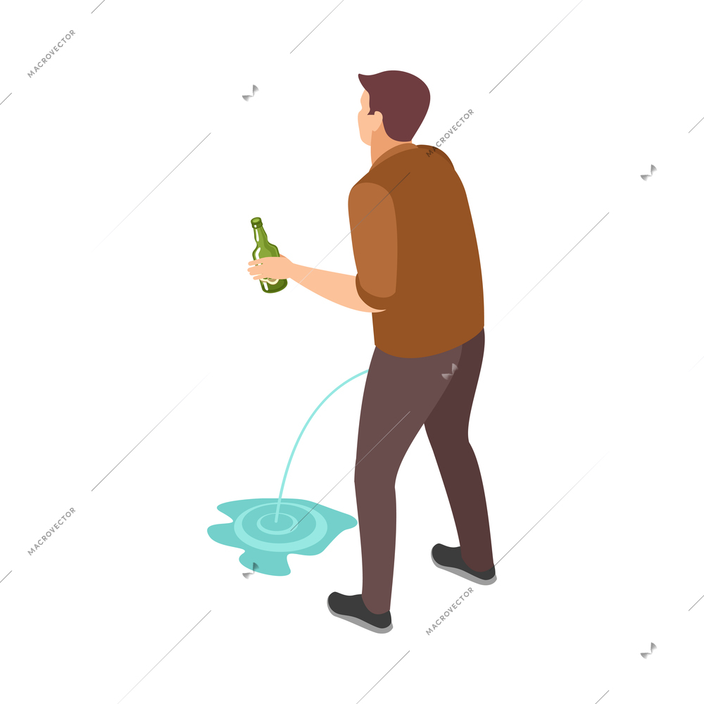 Isometric drunk man with bottle peeing outdoors 3d vector illustration