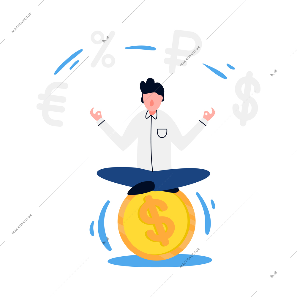 Accounting flat concept with currency symbols and man meditating on coin vector illustration