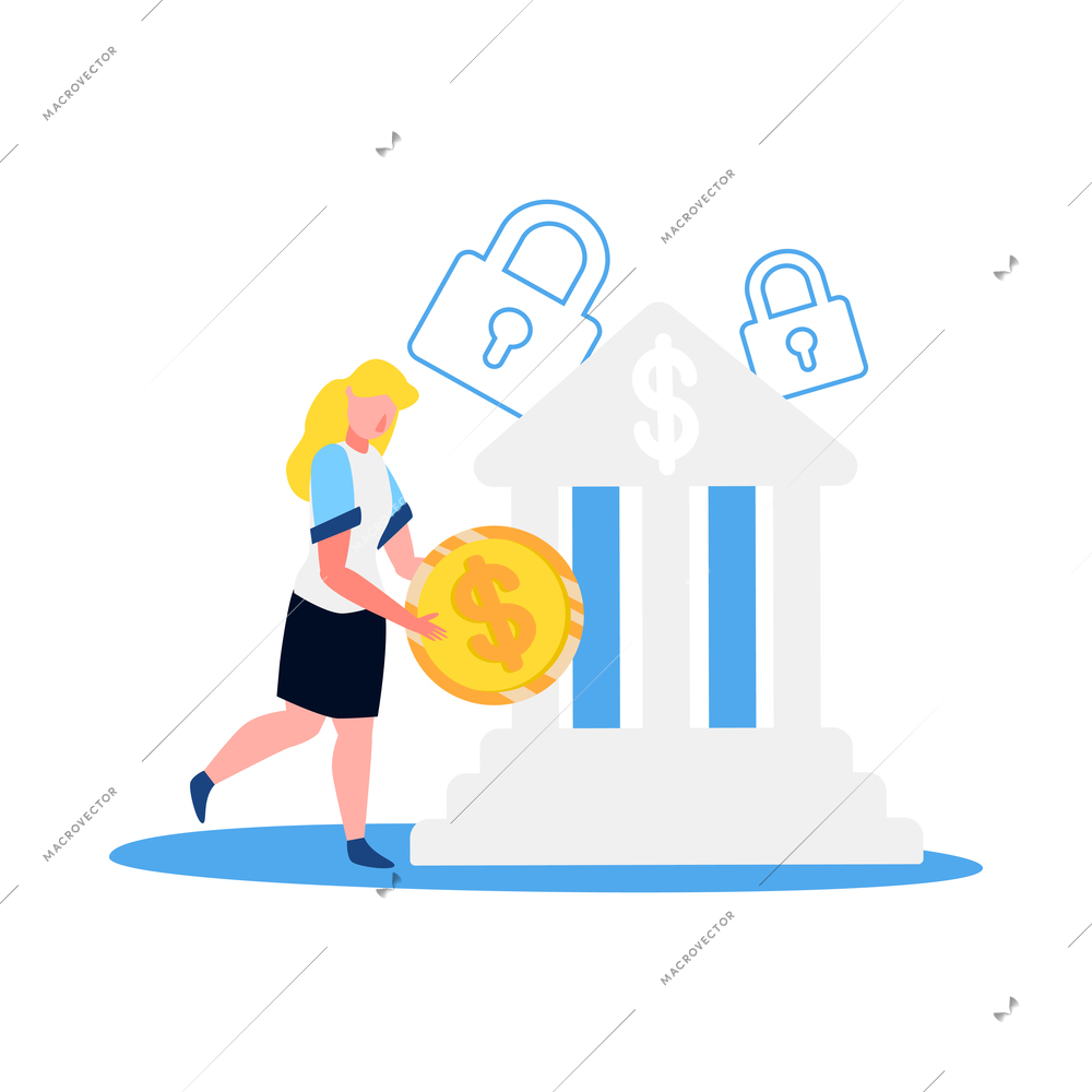 Accounting financial audit flat concept with bank building and female character holding coin vector illustration