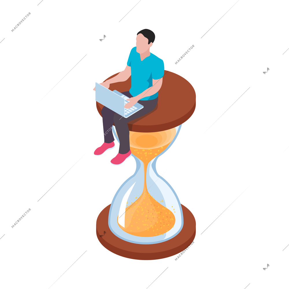 Time management isometric concept with man sitting on hourglass with laptop 3d vector illustration