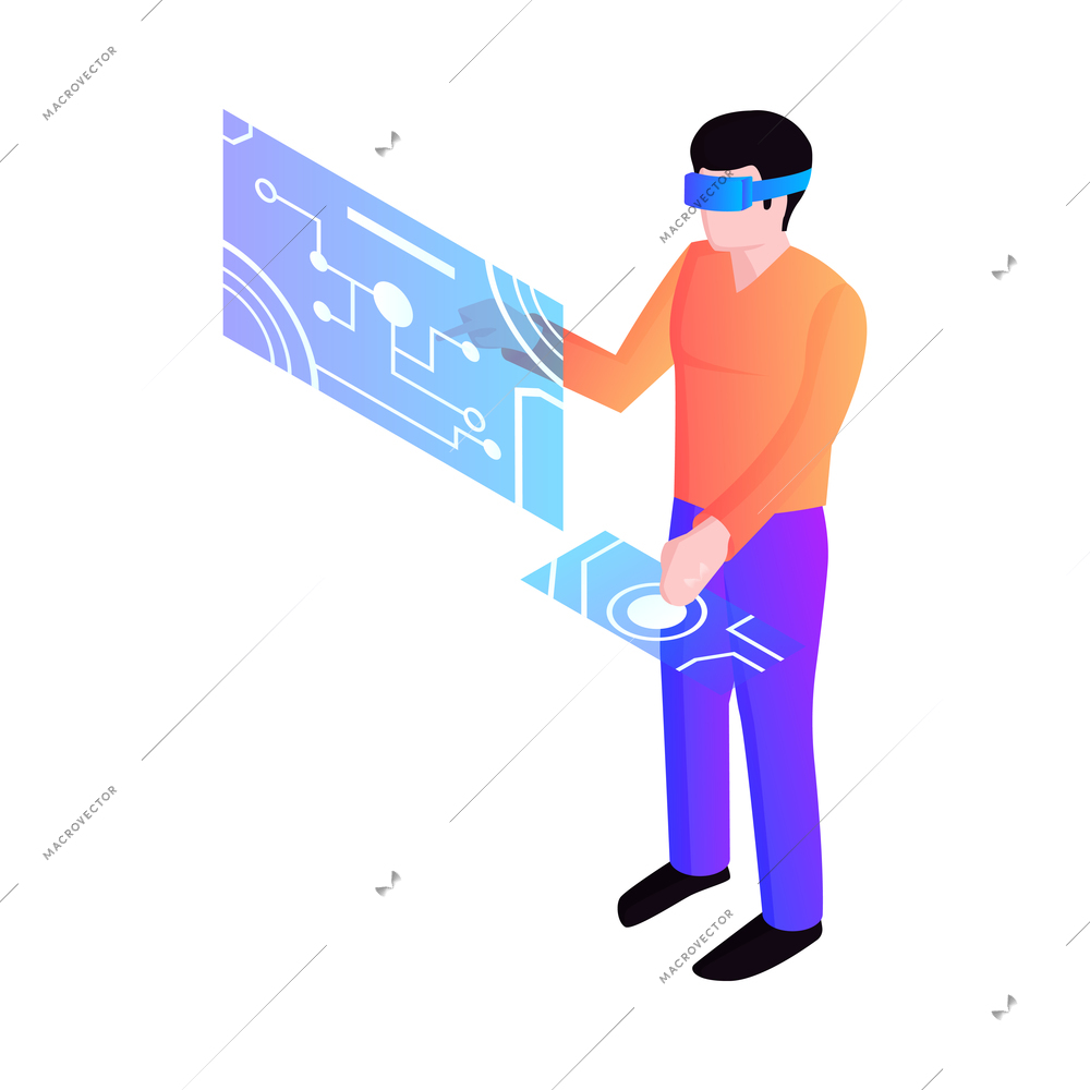 Man wearing vr headset touching virtual interface 3d isometric icon vector illustration