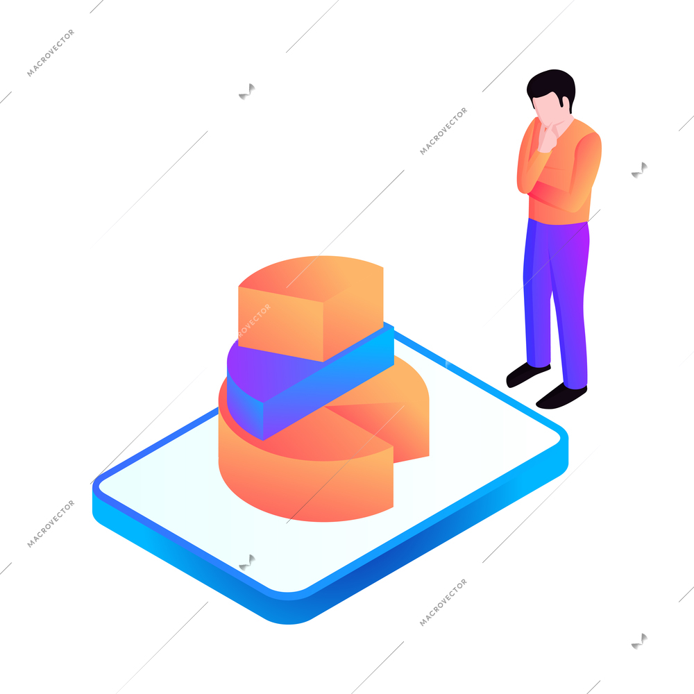 Isometric gadget interface icon with human character and diagram on smartphone screen 3d vector illustration