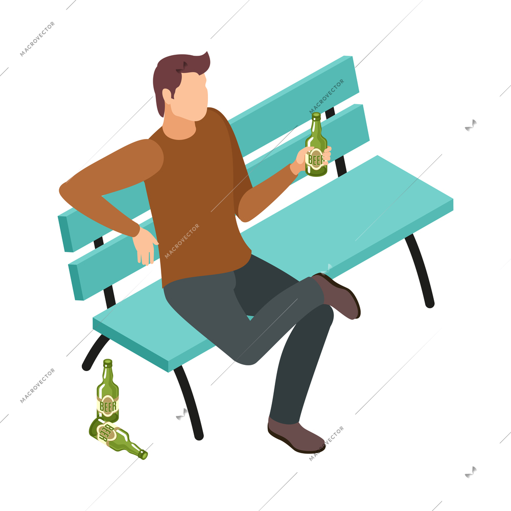 Isometric alcoholic drinking beer on bench in park 3d vector illustration