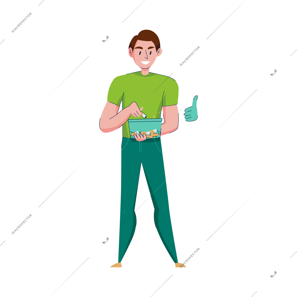 Ewaste garbage sorting flat concept with man putting used batteries into container vector illustration