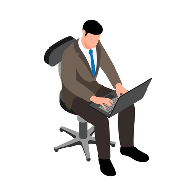 Isometric businessman working on laptop on office chair 3d vector illustration