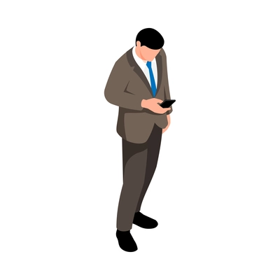 Isometric faceless character of businessman using smartphone 3d vector illustration