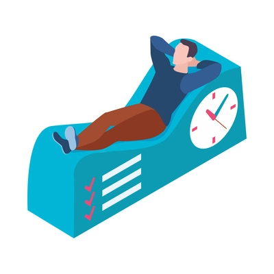 Time management productivity isometric concept with relaxing man 3d vector illustration