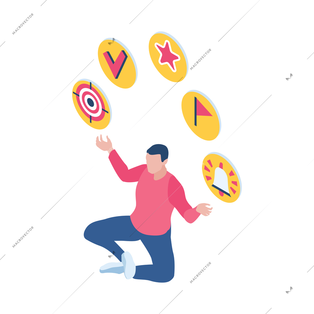 Time management strategy planning isometric concept with man juggling with symbols 3d vector illustration