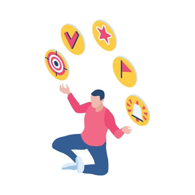 Time management strategy planning isometric concept with man juggling with symbols 3d vector illustration