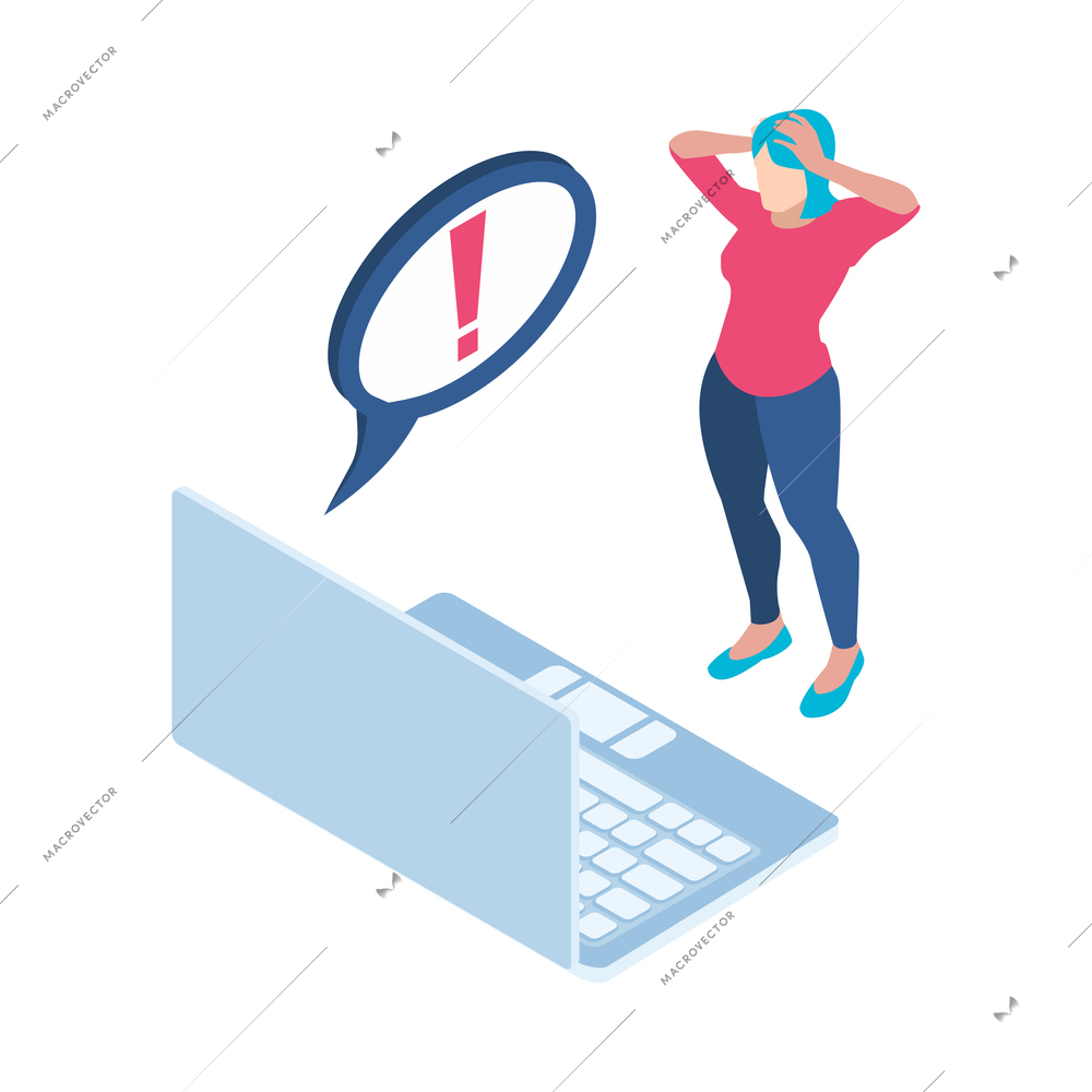 Time management deadline stress isometric concept with human character and laptop 3d vector illustration