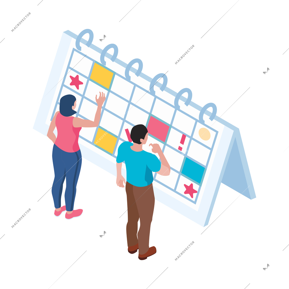 Time management deadline planning isometric concept with two human characters and calendar 3d vector illustration