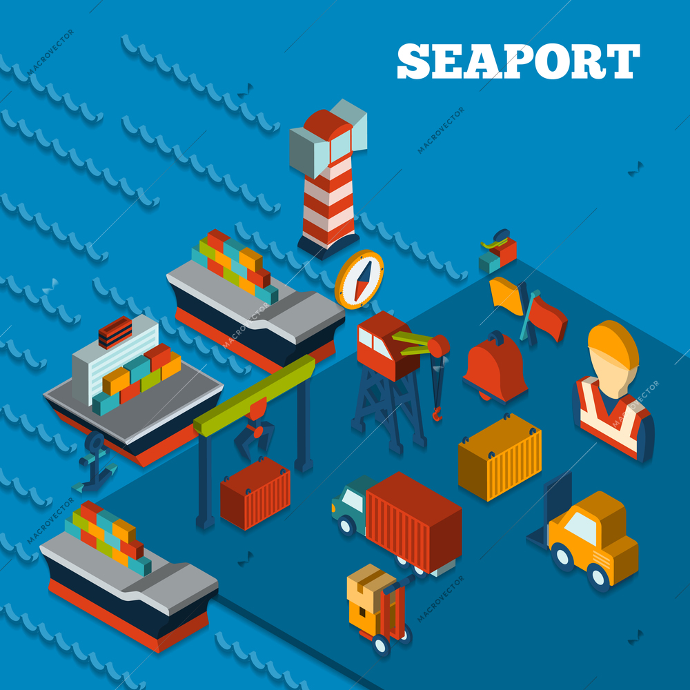 Seaport freight transportation concept with isometric icons set vector illustration