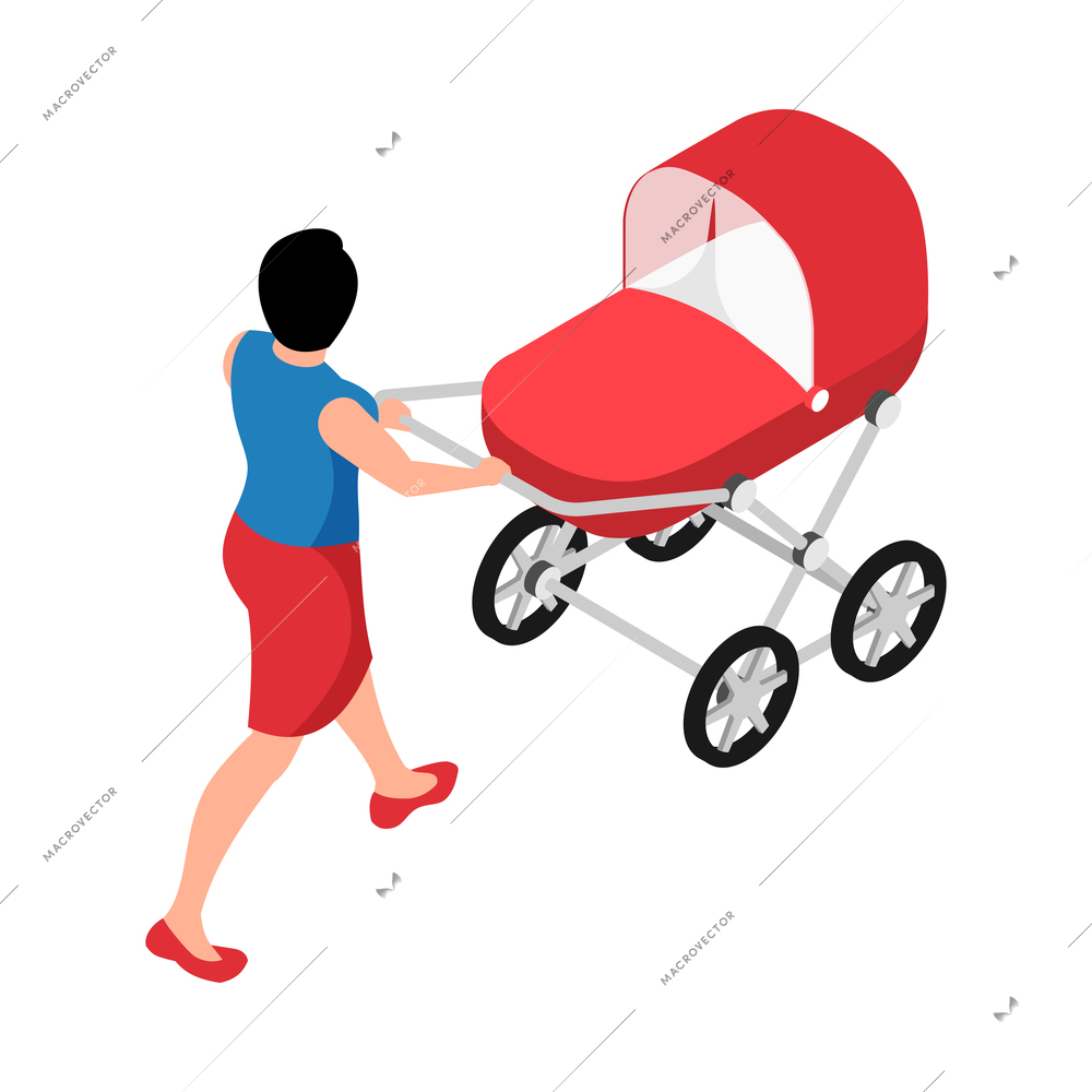 Motherhood isometric icon with woman walking with baby carriage back view 3d vector illustration